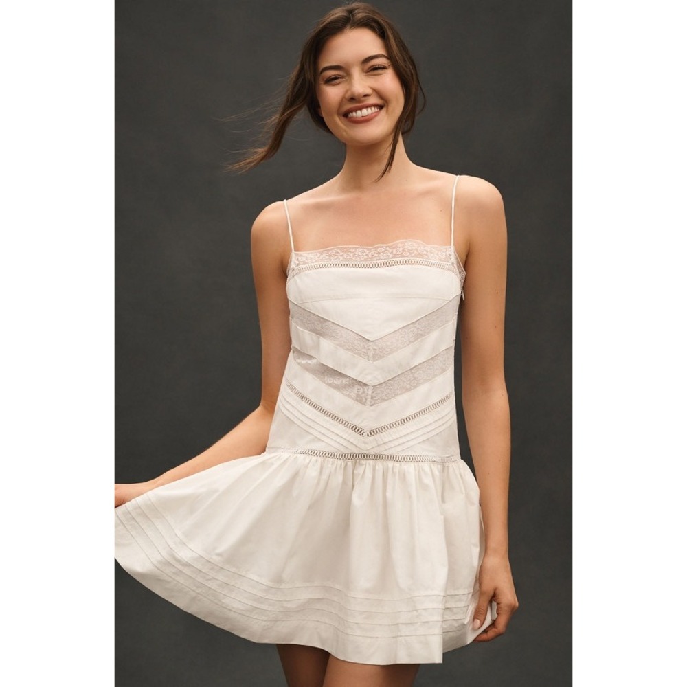 Anthropologie Maeve Sleeveless Square Neck Lace Mix Mini Dress White XL NWT